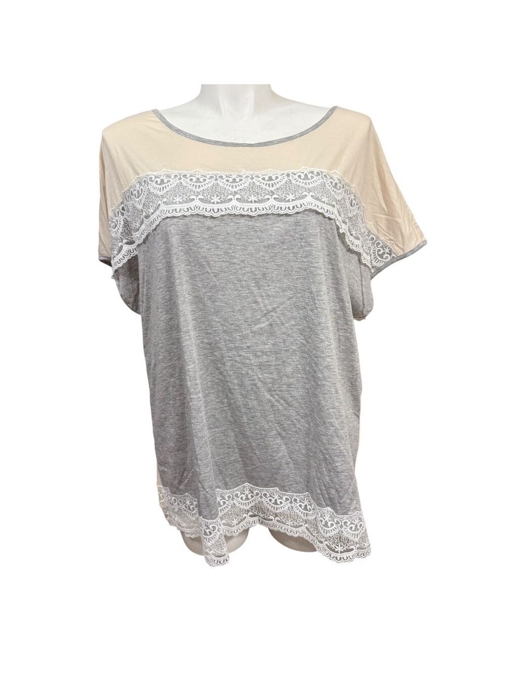 BloomChic Plus Size 18/20 Lace Trim Colorblock Tunic Top Gray Beige NWT